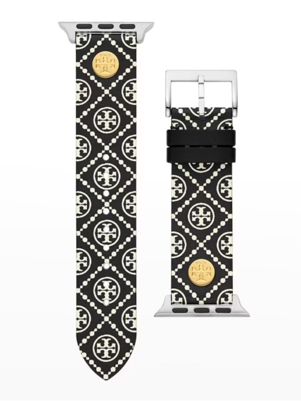 Tory Burch Black and Cream Logo-Print Apple Watch Strap with Gold Accent